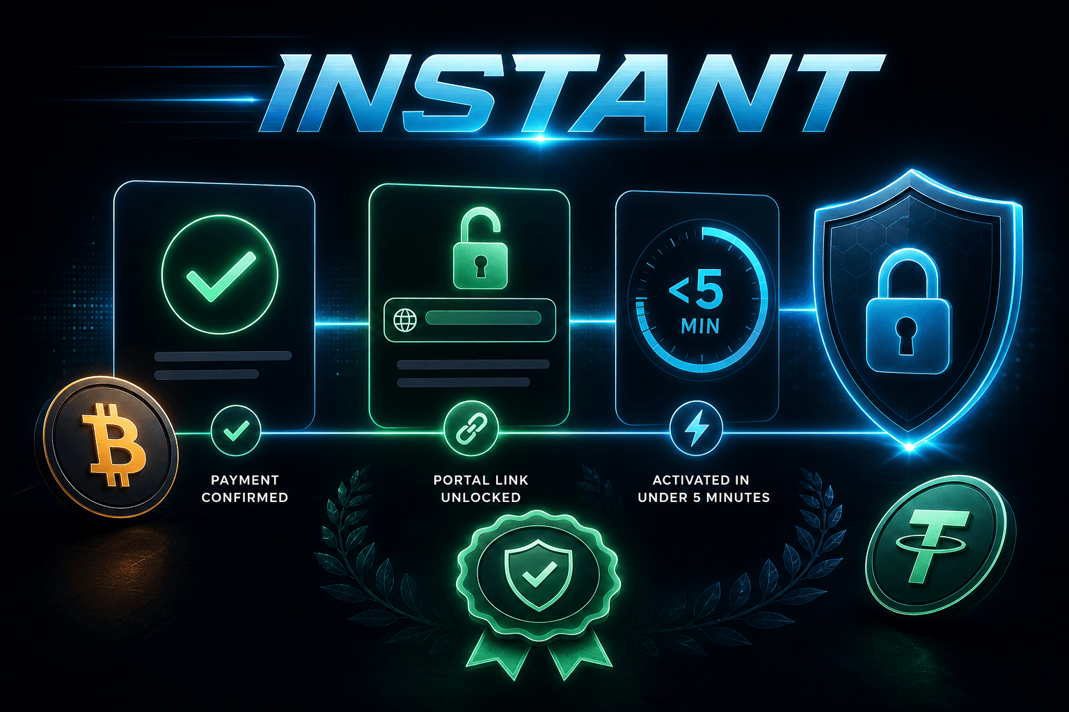 Instant crypto payment activation with money-back guarantee