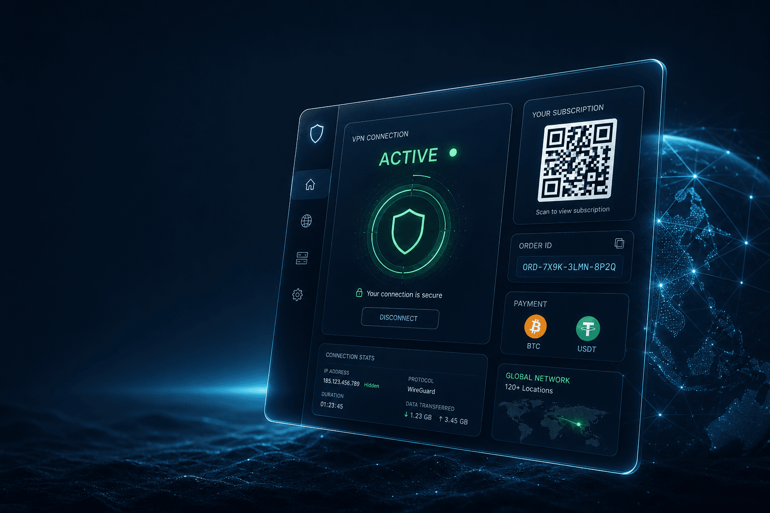 IPNOVA portal vault with VPN subscription QR code and crypto checkout